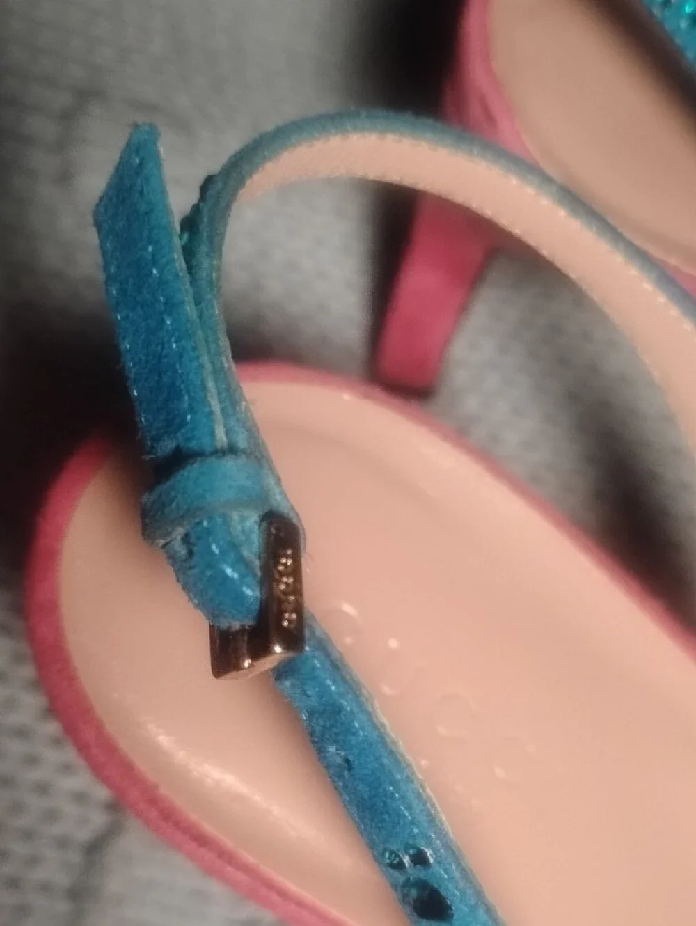 Gucci Pink, Blue & Orange Jeweled Slingback Sandals Heels Sz 7